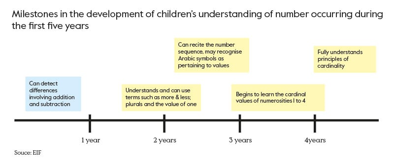 Milestones in the development of childresn understanding of number occurring during the first five years